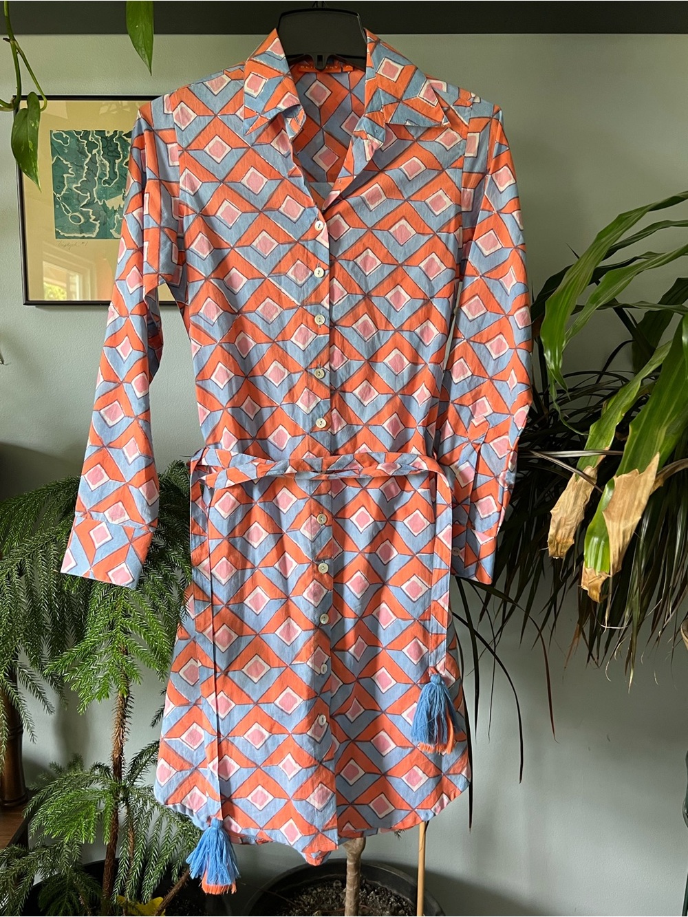 Oliphant shirt dress, Geometric, tassel belt, Button-Front, XS